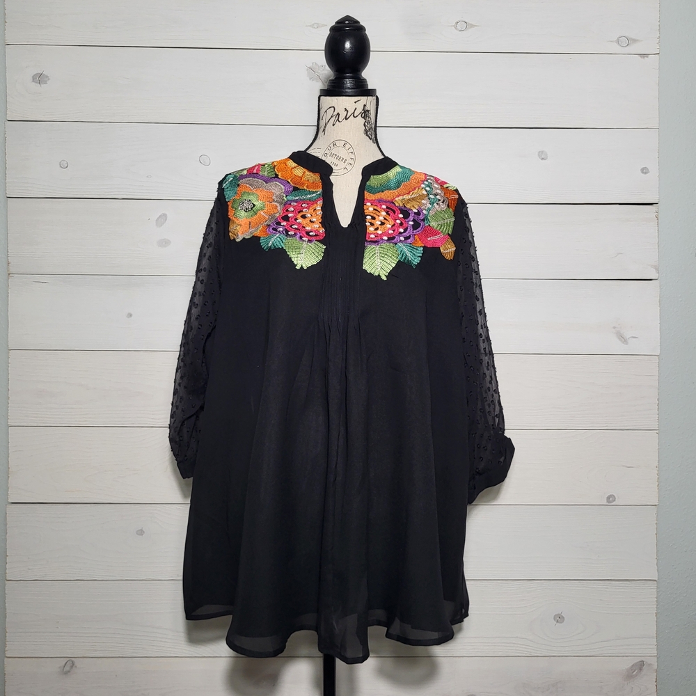 Women's Top Embroidered Tropical Floral Sheer Beachy BOHO Plus Size Blouse.